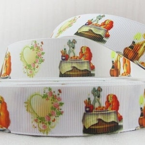 May include: White ribbon with a repeating pattern of cartoon characters, hearts, and floral designs. The ribbon is textured and coiled. The cartoon characters are in shades of orange, brown, and grey.