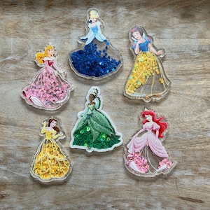 Disney Princess Shakers | Cinderella, Tiana, Belle, Aurora, Ariel, Snow White | Glitter Sequin Center | Perfect for Embellishing