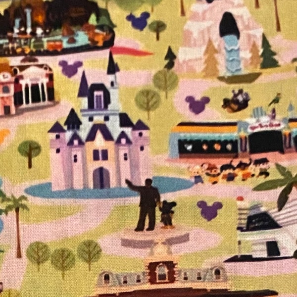 Vintage Disneyland Map Fabric 100% Cotton Fabric by the Yard Ride Attractions Walt Disney Mickey Mouse