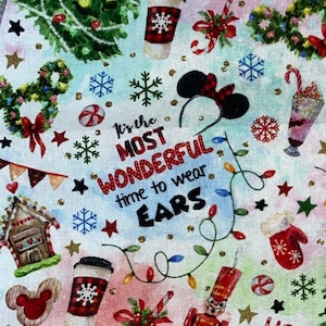 18x10&quot; Disney Christmas Fabric 100% Cotton Fabric Remnant Winter Tree Mickey Mouse Minnie Mouse Wonderful Time to Wear Ears Xmas Fabric