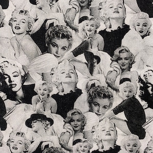Marilyn Monroe Fabric 100% Cotton Fabric Fat Quarters Fat Eighths Tumbler Cuts Norma Jeane Collage Black White