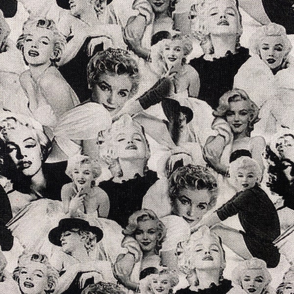 Marilyn Monroe Fabric 100% Cotton Fabric Fat Quarters Tumbler Cuts Norma Jeane Collage Black White