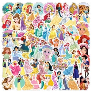May include: A sheet of 100 colorful Disney princess stickers featuring characters like Ariel, Belle, Cinderella, and Rapunzel. The stickers are perfect for decorating laptops, water bottles, journals, and more.