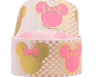 Cinta de Minnie Mouse dorada en relieve de 1,5" Cinta de grogrén de alta calidad cortada a medida Cinta de lámina dorada de Disney