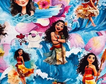 Disney Moana Fabric 100% Cotton Fabric Tumbler Fat Quarters Eighths Disney Princess Moana Polynesian Pua Hei Hei Collage