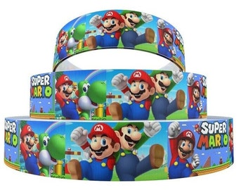 Super Mario Brothers Ribbon 1&quot;, 1.5&quot; and 2” High Quality Grosgrain Ribbon By The Yard Super Mario Bros Luigi Game Inspired