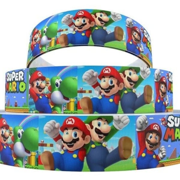 Super Mario Brothers Ribbon 1", 1.5" and 2” High Quality Grosgrain Ribbon By The Yard Super Mario Bros Luigi Game Inspired