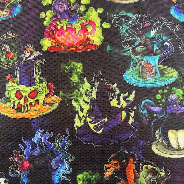 Disney Villains Fabric 100% Cotton Fabric by the Yard Villains in Teacups Hades, Maleficent, Madame Mim, Evil Queen, Ursula Scar and More
