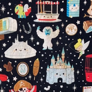 Disney Vintage Attractions Fabric Collage 100% Cotton Fabric Fat Quarters Eighths Tumbler Cut Rides Treat Snacks Space Mountain Castle Dumbo