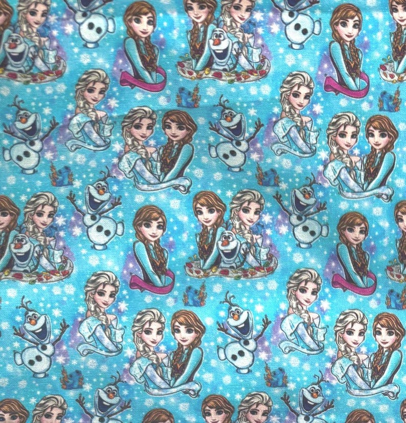 May include: A light blue fabric featuring a repeating pattern of characters from the animated film "Frozen." The design includes images of Elsa, Anna, and Olaf, along with snowflakes. The overall theme is a winter wonderland.