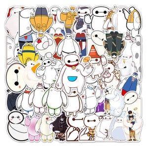 May include: A set of 50 colorful stickers featuring the character Baymax from the Disney movie Big Hero 6. The stickers are in various poses and expressions, including Baymax with a blue collar, Baymax with a red cone on his head, and Baymax with a white duck.