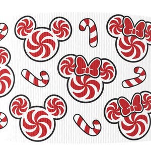 May include: White ribbon featuring a repeating pattern of red and white peppermint swirl Mickey Mouse heads, Minnie Mouse heads with bows, and candy canes, all outlined in black.