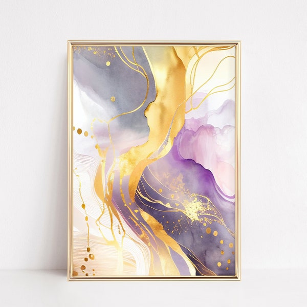 Abstrakte Kunst mit fließenden Linien | Abstrakte Poster Lila Gold | Aquarell Malerei