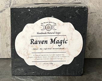 Handgemaakte zeep, Raven Magic, zwarte zeep, natuurlijke zeep, veganistische zeep, zelfgemaakte zeep, 4,5 oz bar