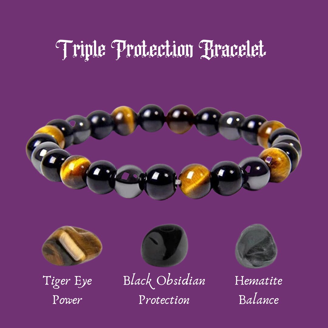 Triple Protection Bracelet, Tigers Eye, Black Obsidian, Hematite