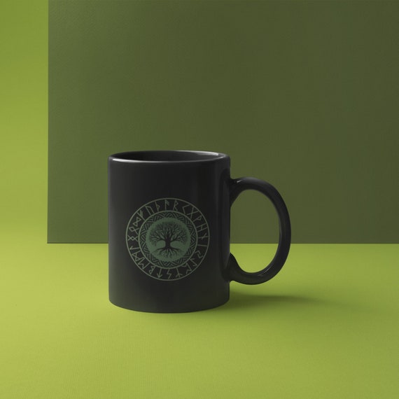 Green Tree of Life with Runes Black mug 11oz, Viking Gift, Norse Gift, Norse Coffee Mug, Wiccan Mug, Black mug 11oz