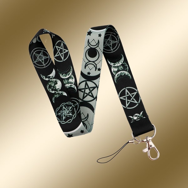 Lanyard, Triple Moon Goddess, Wicca, Witch, Pentagram, Keychain, ID Card, lanyard Key Ring, Badge Holder,