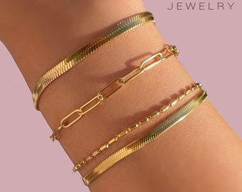Link Chain Bracelet 18K Gold Filled | Rectangle Paper Clip Chain Bracelets | Herringbone Bracelet | Dainty Gold Bracelets For Women