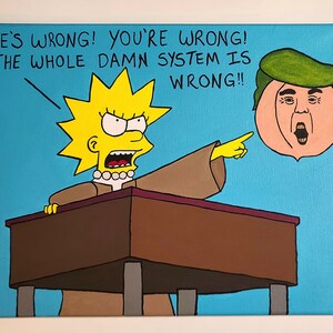 May include: A yellow cartoon character with yellow hair is standing at a podium and pointing at a peach-colored cartoon character with green hair. The text on the image reads "He's wrong! You're wrong! The whole damn system is wrong!!"