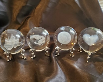 Clear Glass Spheres with choice of cloudlike Castle, Dragon, Heart or Dandelion inside.