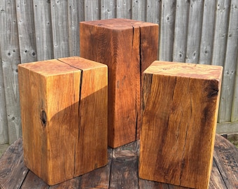 Oak & Hardwood Side Tables, Rustic Sculpture Display Plinth, Living Room Lamp Base, Speaker Stand, Large Timber Block, Up-cycled Solid Wood,