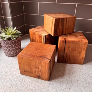 May include: Four solid wooden cubes with a natural grain finish and visible cracks, arranged in a stacked formation. A small green succulent plant sits in a textured, patterned gray pot next to the wooden blocks, showcasing natural wood textures.