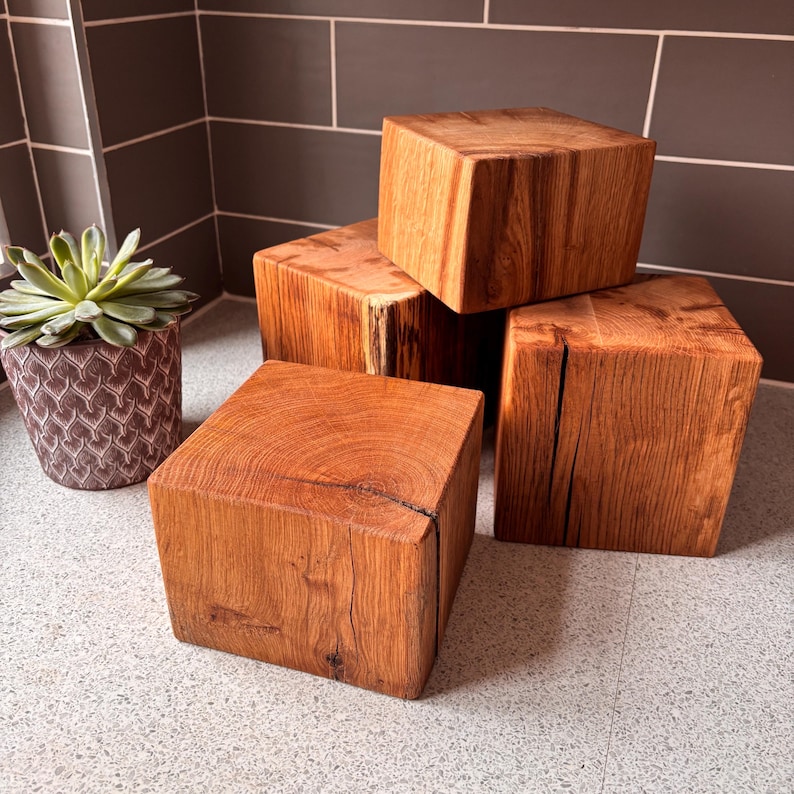 May include: Four solid wooden cubes with a natural grain finish and visible cracks, arranged in a stacked formation. A small green succulent plant sits in a textured, patterned gray pot next to the wooden blocks, showcasing natural wood textures.
