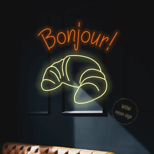 Croissant neon sign, Bakery neon sign, Croissant hanging wall sign, Breakfast bar sign, Bonjour welcome sign