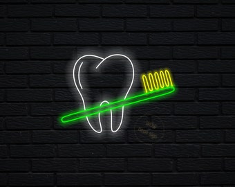 Tooth and brush led neon sign, Dental office led neon sign, Dental hygiene led neon sign, White tooth led ligth sign
