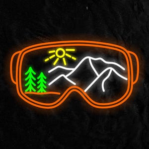 Ski Goggles Mountains Neon Sign, Winter Sports Decor, Skiing Neon Sign, Snowy Mountain Decor, Glowing Snow Sports Wall Decor
