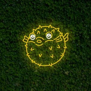 Sinal de néon de peixe-balão com olhos, sinal de néon de peixe-balão, sinal de néon de peixe Fugu