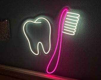 Toothbrush and teeth neon sign,  Teeth neon light, Dental office wall decor, Dentist led neon gift
