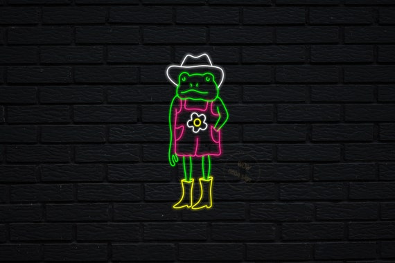 Insegna al neon con cappello da cowboy a forma di rana, rana al neon