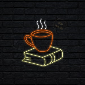 Letreiro de neon para livros e xícaras, Letreiro de neon para livros decorativos, Presente de neon para leitores, Letreiro de neon para clubes de leitura