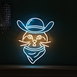 Cowboy cat neon sign, cowboy cat hat neon light, luminous cowboy cat sign, Meowdy neon sign