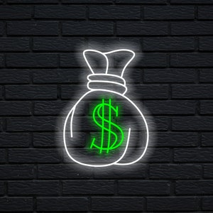 Insegna al neon con sacco dei soldi, Sacco dei soldi con luce al neon a LED per dollari, Insegna al neon con contanti, Insegna al neon a LED Hustle
