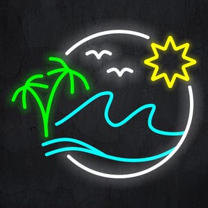 Palm Tree Waves Sun Neon Sign, Tropical Palm Tree Waves Sun Neon Sign, Tropical LED Light, Ocean Sign, Beach LED Light