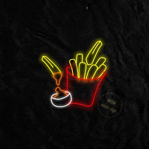Pommes Leuchtreklame, Pommes Frites mit Soße LED-Leuchtreklame, Frites LED-Leuchtschild, Kartoffel-LED-Schild
