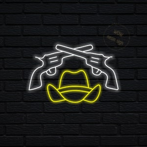 Hat and revolvers led neon sign, Western revolver neon sign, Revolver led neon light, Custom western revolver neon sign