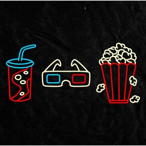 Zestaw kinowy Neon Sign, Neon Cinema Snack Bar Sign, Neon Sign Popcorn Glasses Drink, Neon Sign Cinema Snack Bar Sign, Movie Room Decor Sign