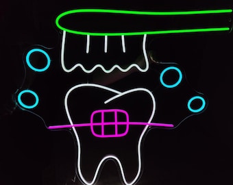Tooth brushing neon sign with braces, Orthodontist led neon sign, Dental braces neon sign