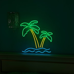 Insegna al neon della palma, insegna al neon della casa sulla spiaggia, luce al neon della foglia di palma, luce al neon di Miami