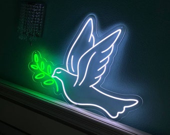 Dove holding an olive branch led neon sign, Dove of peace led neon light, Dove with branch led neon sign