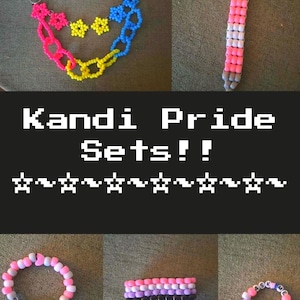 May include: A collection of colorful Kandi Pride Sets. The image features beaded bracelets and necklaces in various colors, including pink, yellow, blue, and white. Some bracelets have text that reads "she/they" and "ask me". The text "Kandi Pride Sets!!" is also visible.