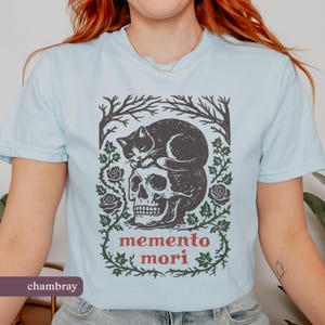 Memento Mori Linocut Style T-Shirt | Cat Skull Comfort Colors Philosophy Tee Chambray