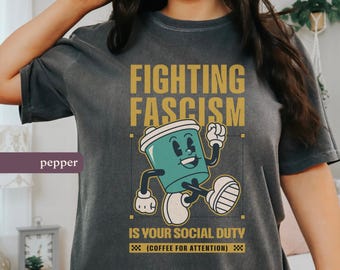 T-shirt med retromotiv i kaffefärger som bekämpar fascismen