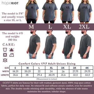 May include: A product image showcasing Comfort Colors 1717 adult unisex t-shirts in various sizes, from M to 2XL. The shirts are a muted gray color. The image includes size charts with measurements in inches and care instructions.