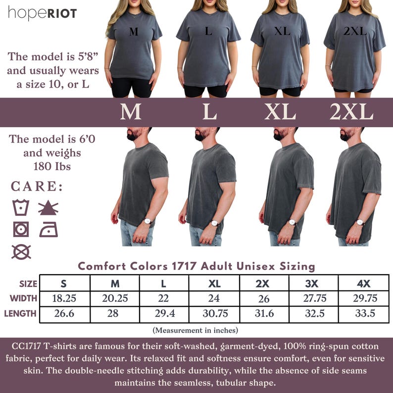 May include: A product image showcasing Comfort Colors 1717 adult unisex t-shirts in various sizes, from M to 2XL. The shirts are a muted gray color. The image includes size charts with measurements in inches and care instructions.