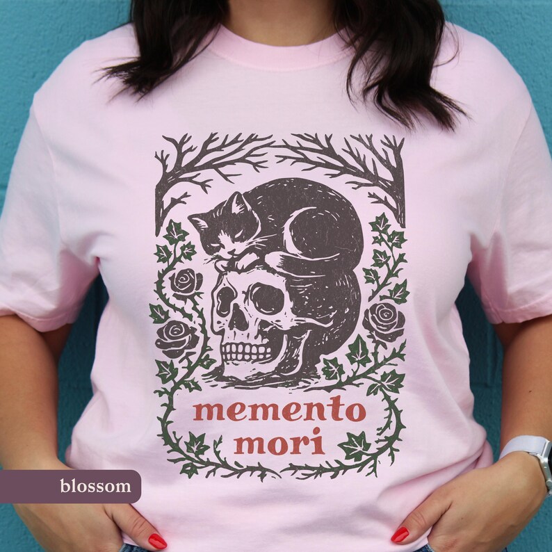 Memento Mori Linocut Style T-Shirt | Cat Skull Comfort Colors Philosophy Tee Blossom