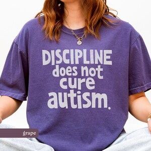May include: A purple t-shirt with the text "DISCIPLINE does not cure autism." in white block letters. The shirt is a solid grape color and has short sleeves. The shirt is a comfortable, casual style.